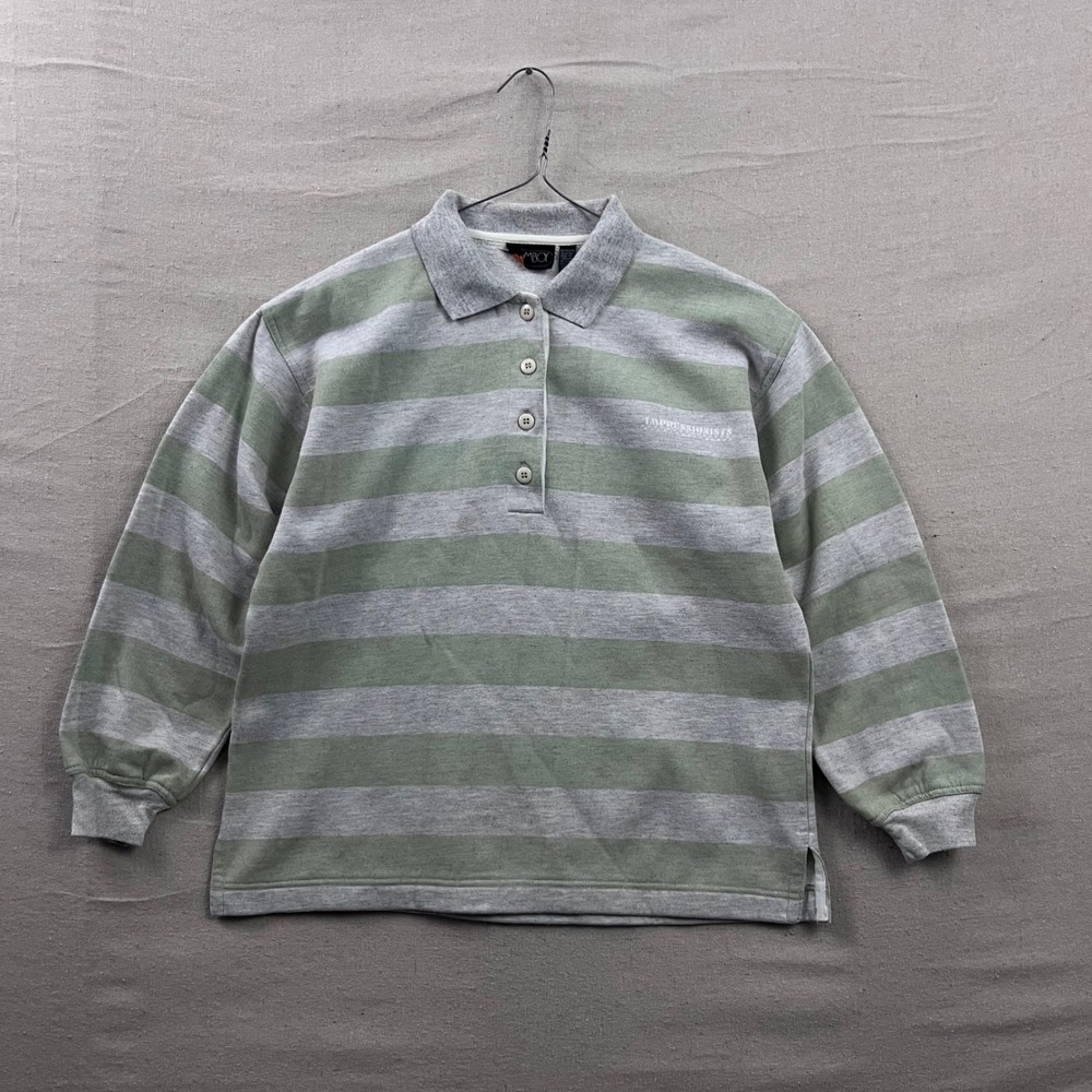Tomboy Polo Sweatshirt Mens Medium Grey Green Striped Long Sleeve Impressionists